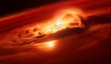Illustration eines Planeten, der von einer rotierenden, leuchtenden Akkretionsscheibe aus Gas und Staub umgeben ist. Die Szene zeigt intensive orange und rote Farbtöne, die die Hitze und Energie des Prozesses darstellen. Im Hintergrund sind Sterne im Weltraum sichtbar. Diese Darstellung veranschaulicht das Wachstum eines Planeten und die Dynamik der umgebenden Materie.
