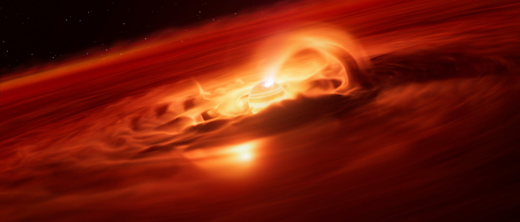 Illustration eines Planeten, der von einer rotierenden, leuchtenden Akkretionsscheibe aus Gas und Staub umgeben ist. Die Szene zeigt intensive orange und rote Farbtöne, die die Hitze und Energie des Prozesses darstellen. Im Hintergrund sind Sterne im Weltraum sichtbar. Diese Darstellung veranschaulicht das Wachstum eines Planeten und die Dynamik der umgebenden Materie.