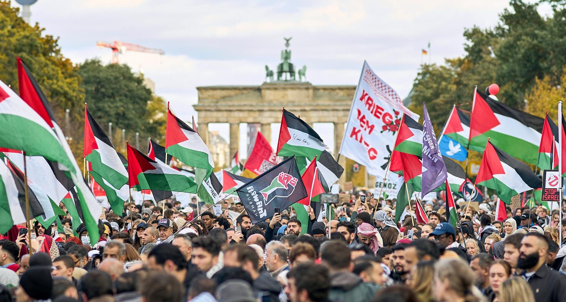 Demonstranten schwenken palästinensische Fahnen und halten Plakate hoch. Im Hintergrund ist das Brandenburger Tor zu sehen