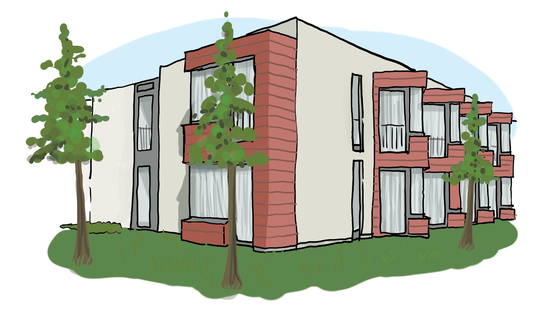 Ein modernes Mehrfamilienhaus mit zwei Etagen. Davor stehen Bäume, darum ist Rasen.