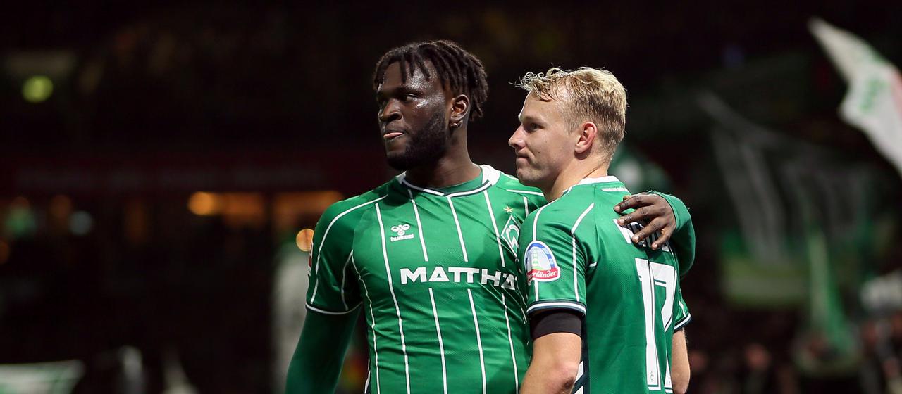 Bremens Marco Grüll bejubelt seinen Treffer gemeinsam mit Teamkollege Victor Boniface | Selim Sudheimer/Getty Images Bremens Marco Grüll bejubelt seinen Treffer gemeinsam mit Teamkollege Victor Boniface