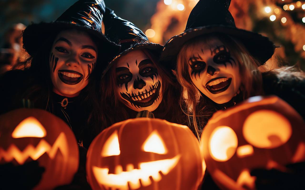 Bunte Halloween- und Día de los Muertos-Gesichtsfarben auf einem Festival: Menschen mit kunstvollem Make-up, festlichen Kostümen und leuchtender Totenkopf-Gesichtsbemalung feiern in einer lebhaften, kulturellen Party-Atmosphäre.