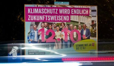 Ein Plakat für den Hamburger Zukunftsentscheid mit der Aufschrift "Klimaschutz wird endlich zukunftsweisend" steht an einer Straße.