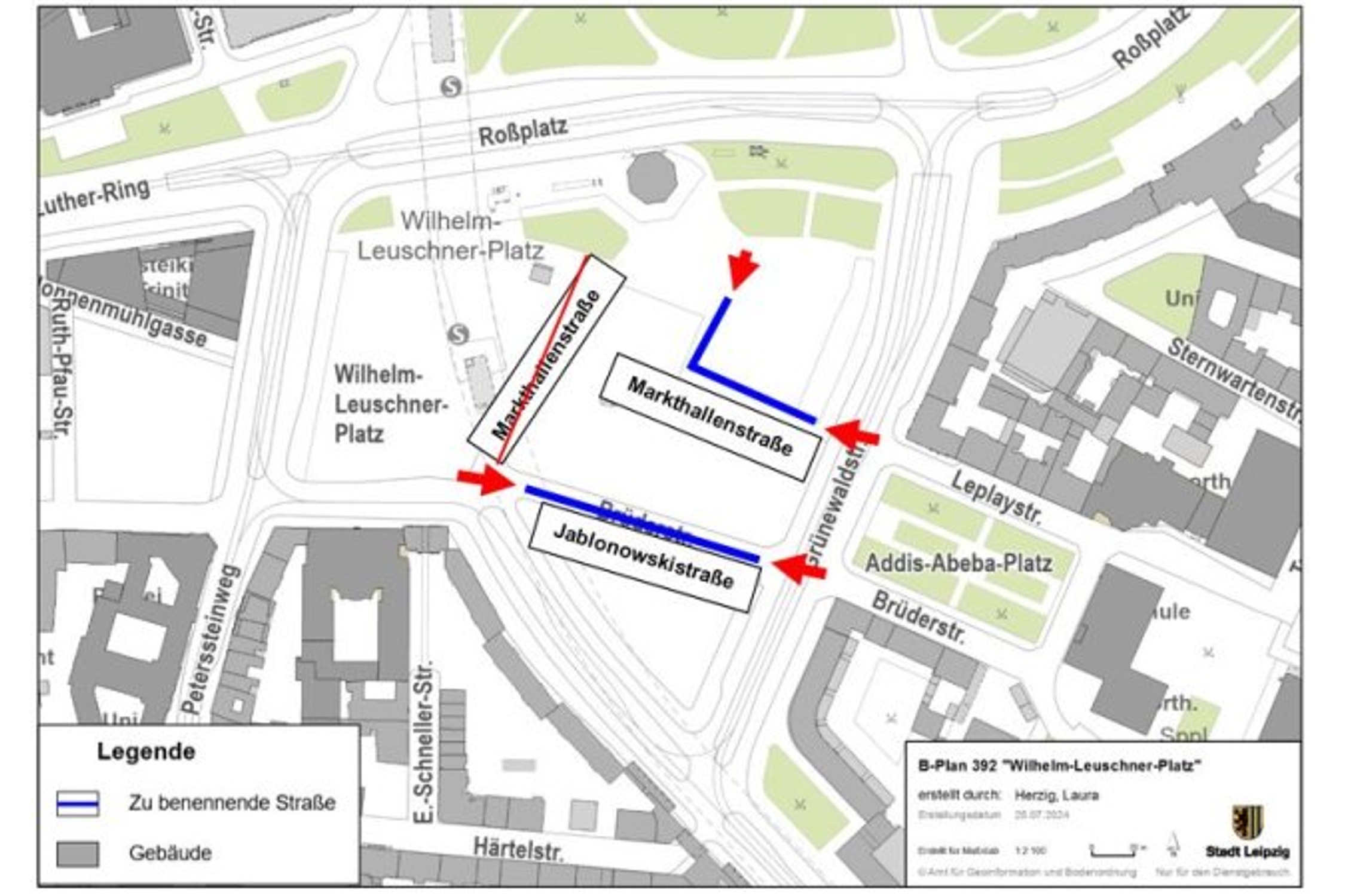 Der Lageplan aus der Vorlage zur Umbenennung eines Teils der Brüderstraße in Jablonowskistraße. Karte: Stadt Leipzig