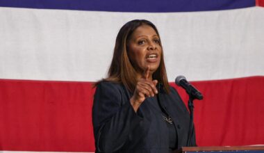 Die New Yorker Generalstaatsanwältin Letitia James steht vor einem Mikrofon.