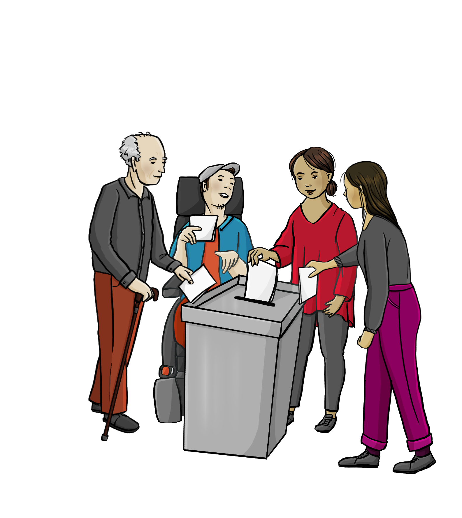 Vier Menschen mit Stimmzettel an Wahlurne