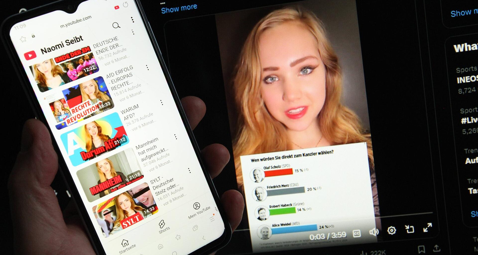 Auf einem Laptop ist der X-Account der Webvideoproduzentin Naomi Seibt geöffnet. Davor ist auf einem Smartphone der Youtube-Kanal von Seibt geöffnet.