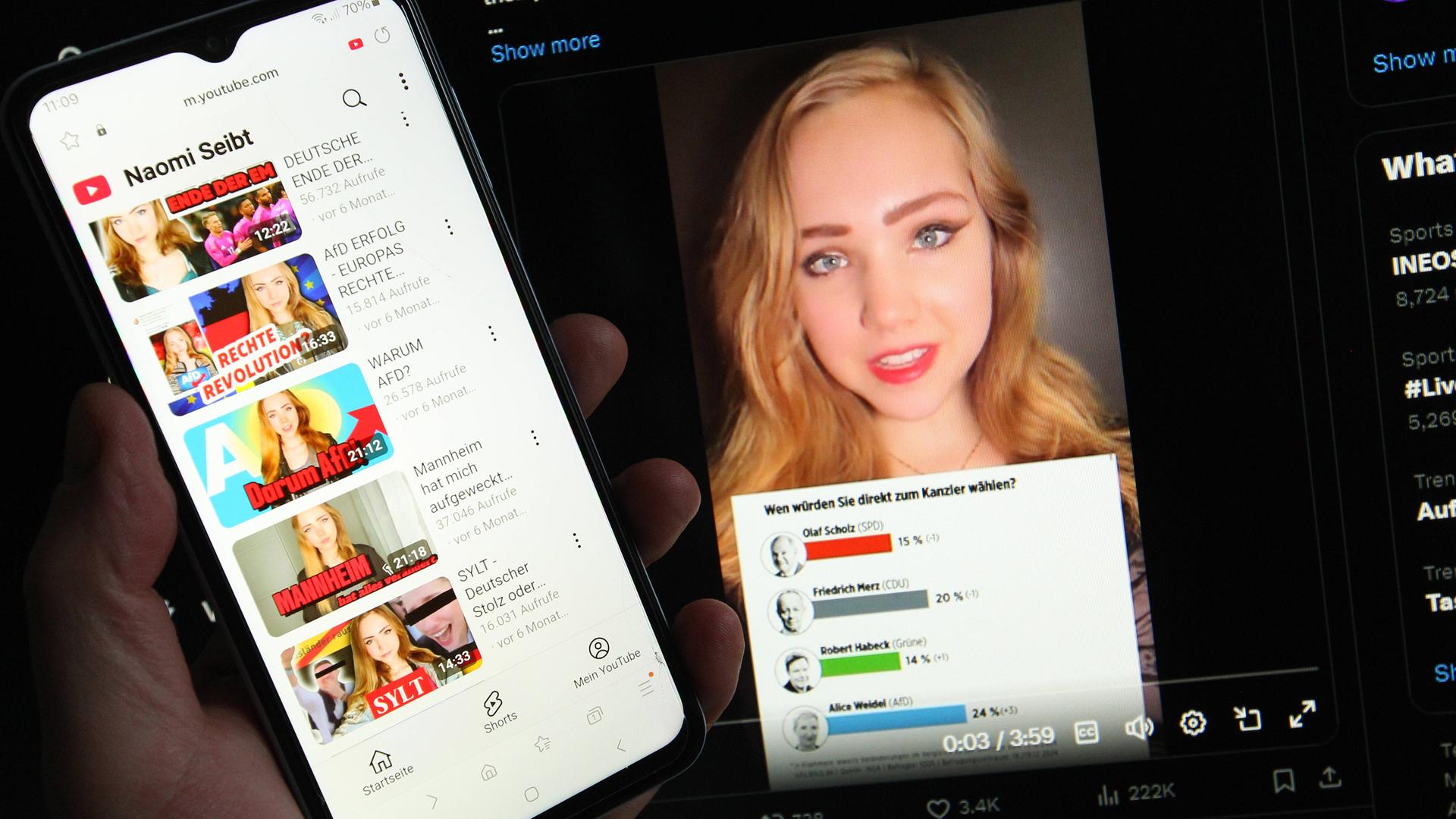 Auf einem Laptop ist der X-Account der Webvideoproduzentin Naomi Seibt geöffnet. Davor ist auf einem Smartphone der Youtube-Kanal von Seibt geöffnet. 