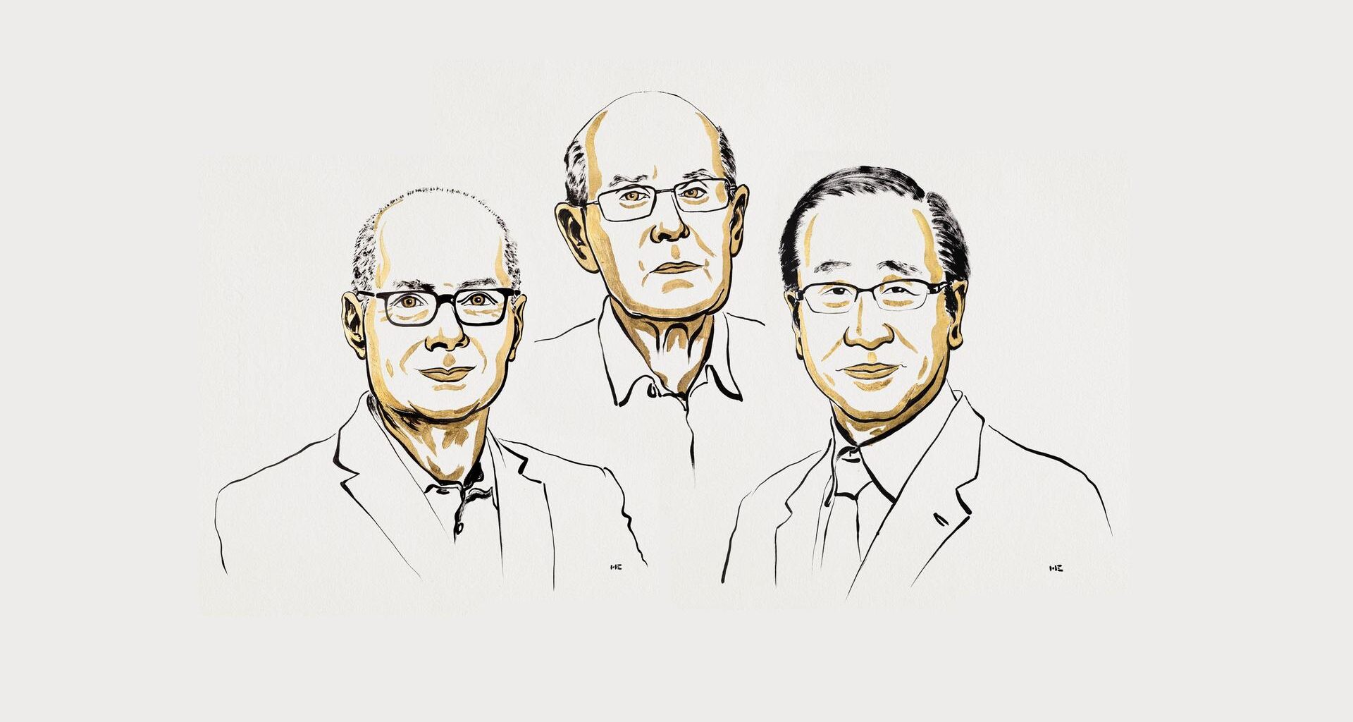 Illustration der drei Nobelpreisträger mit feinem Strich.