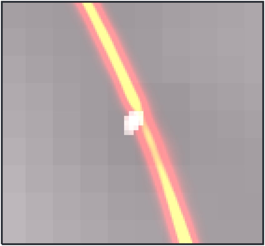 Ein gelber Streifen mit rotem Rand verläuft diagonal über einen grauen Hintergrund, begleitet von einem kleinen, weißen, unscharfen Quadrat.