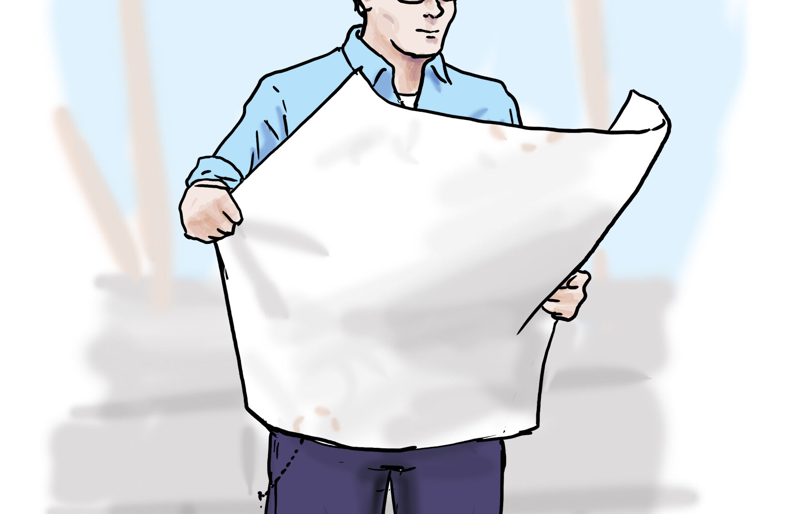 Ein Architekt auf einer Baustelle liest einen Plan