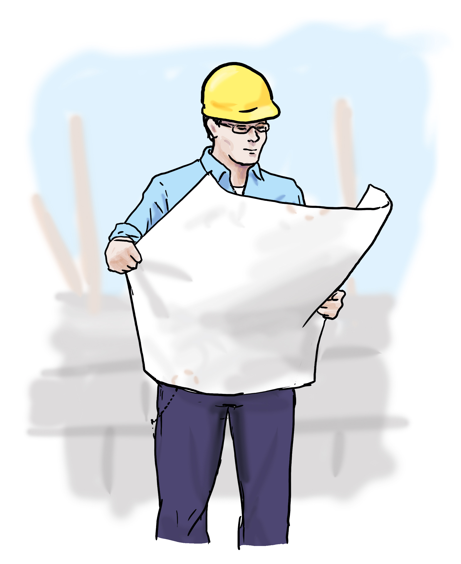 Ein Architekt auf einer Baustelle liest einen Plan