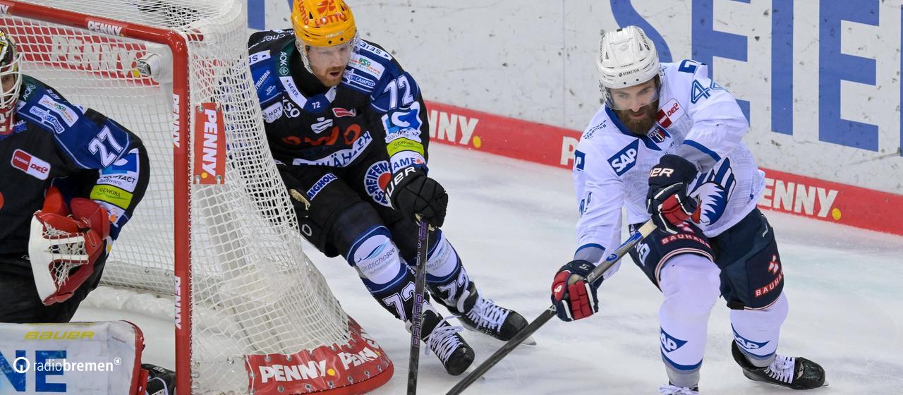 Ein Eishockey-Spieler der Fischtown Pinguins aus Bremerhaven verteidigt das Tor gegen einen Mannheimer Gegenspieler.