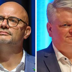 Die Kandidaten für das Amt des Oberbürgermeisters in Frankfurt (Oder) Axel Strasser (parteilos) und Wilko Möller (AfD) nehmen am 16.09.2025 am Wahlforum vom Rundfunk Berlin-Brandenburg (rbb) und der Märkischen Oderzeitung (MOZ) teil. (Quelle: Picture Alliance/Patrick Pleul)