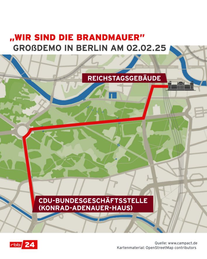 Route der Großdemo "Aufstand der Anständigen: Wir sind die Brandmauer!" am 02.02.2025