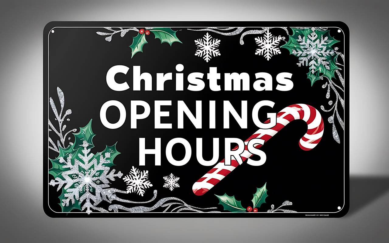 Schwarzes Schild mit weißer Aufschrift „Weihnachtliche Öffnungszeiten“ und Zuckerstangen-Dekoration, als Türschild oder Banner, im festlichen Design, KI-generiert.