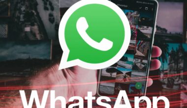 WhatsApp-Logo vor einem Smartphone mit der App