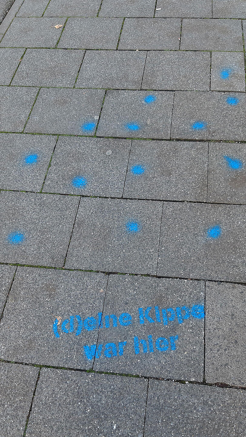 An jedem blauen Punkt lag zuvor eine achtlos weggeworfene Zigarettenkippe. An jedem blauen Punkt lag zuvor eine achtlos weggeworfene Zigarettenkippe.