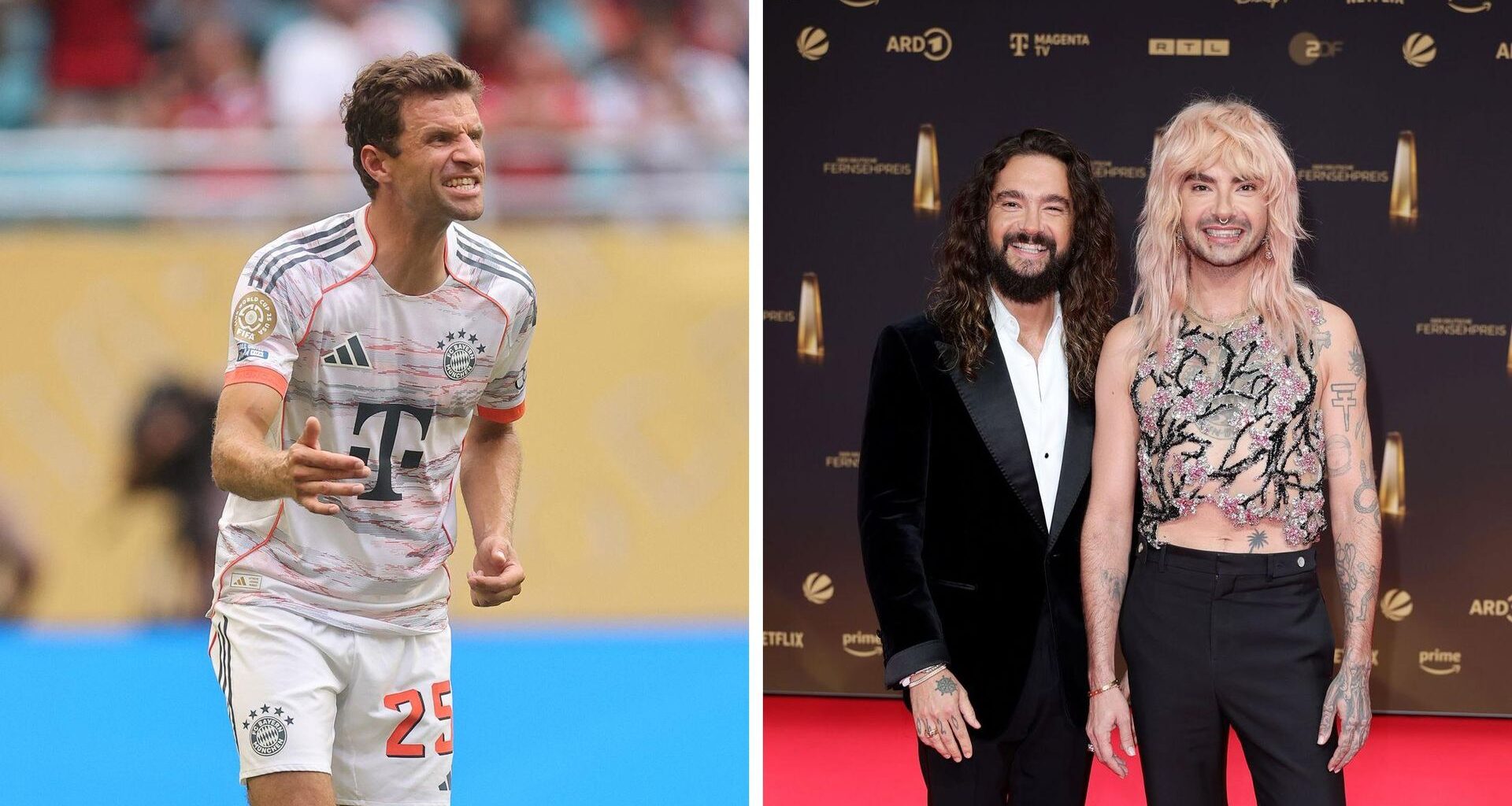 Collage: Thomas Müller mit Bill und Tom Kaulitz