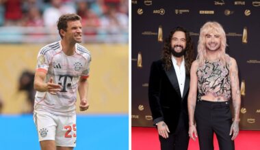 Collage: Thomas Müller mit Bill und Tom Kaulitz