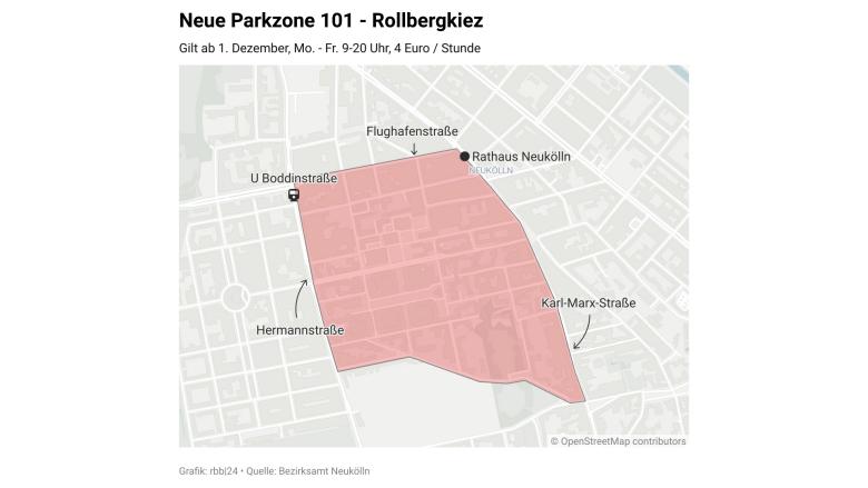 Die geplante kostenpflichtige Parkzone 101 Rollbergkiez in Neukölln, sie gilt ab 01.12.2025 (Quelle: rbb / Schneider).