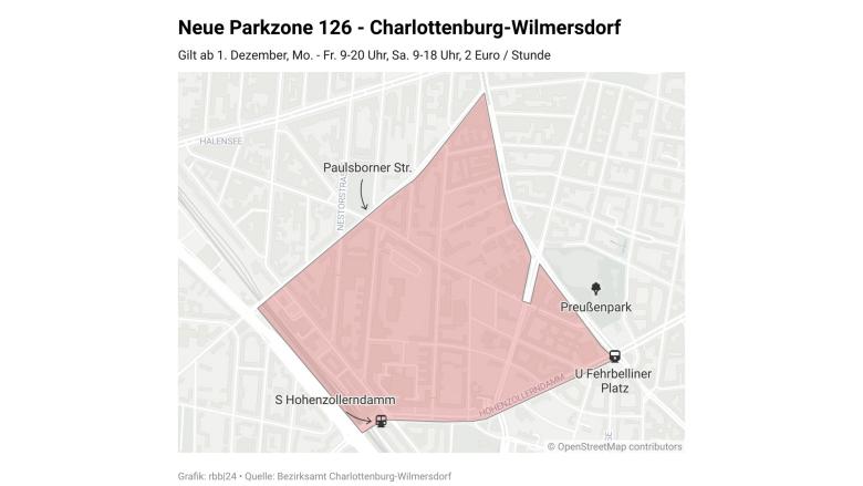 Die geplante kostenpflichtige Parkzone 126 in Charlottenburg-Wilmersdorf, sie gilt ab 01.12.2025 (Quelle: rbb / Schneider).