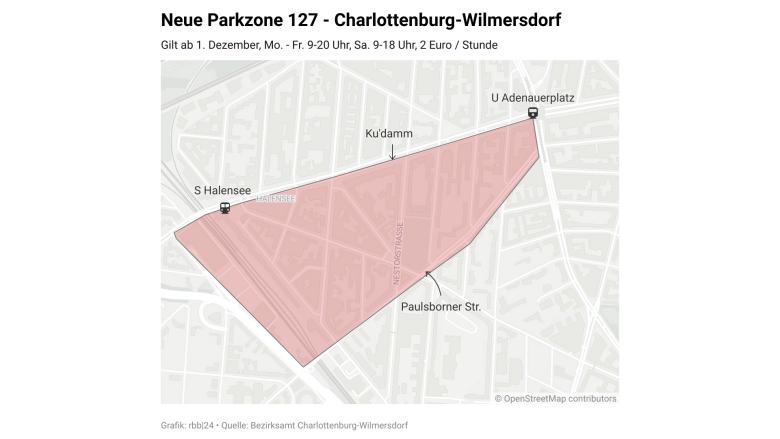 Die geplante kostenpflichtige Parkzone 127 in Charlottenburg-Wilmersdorf, sie gilt ab 01.12.2025 (Quelle: rbb / Schneider).