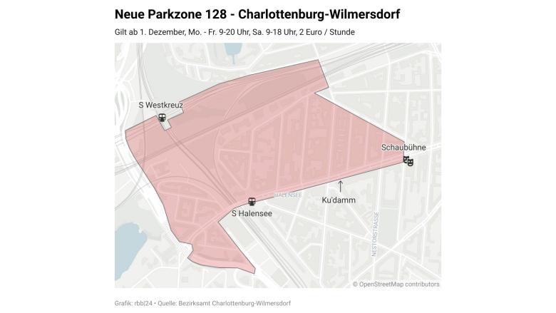 Die geplante kostenpflichtige Parkzone 128 in Charlottenburg-Wilmersdorf, sie gilt ab 01.12.2025 (Quelle: rbb / Schneider).