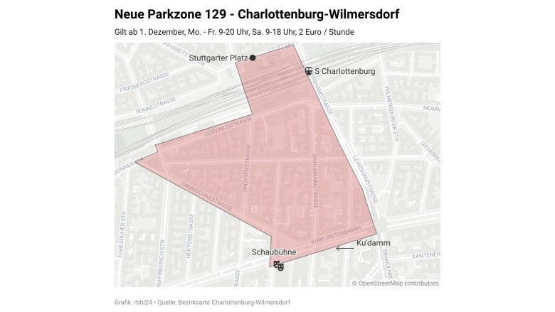 Die geplante kostenpflichtige Parkzone 129 in Charlottenburg-Wilmersdorf, sie gilt ab 01.12.2025 (Quelle: rbb / Schneider).