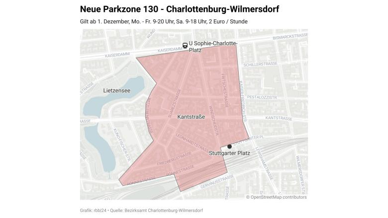 Die geplante kostenpflichtige Parkzone 130 in Charlottenburg-Wilmersdorf, sie gilt ab 01.12.2025 (Quelle: rbb / Schneider).