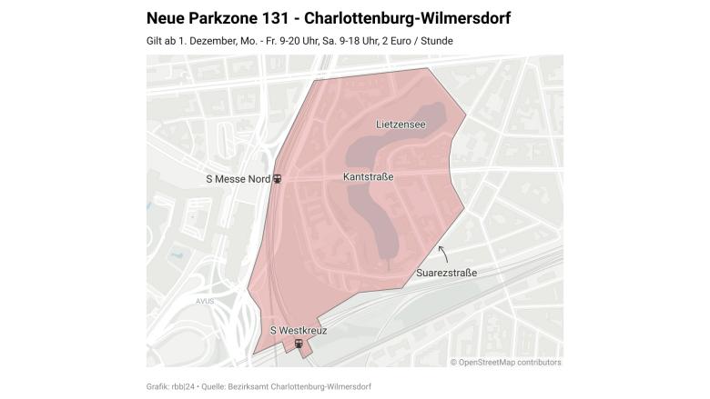 Die geplante kostenpflichtige Parkzone 131 in Charlottenburg-Wilmersdorf, sie gilt ab 01.12.2025 (Quelle: rbb / Schneider).