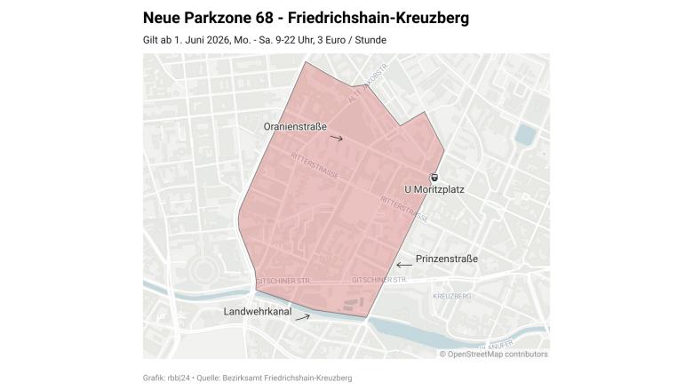Die geplante kostenpflichtige Parkzone 68 in Kreuzberg, sie gilt ab 01.06.2026 (Quelle: rbb / Schneider).