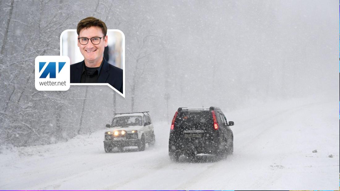 Schneesturm auf einer Straße. 