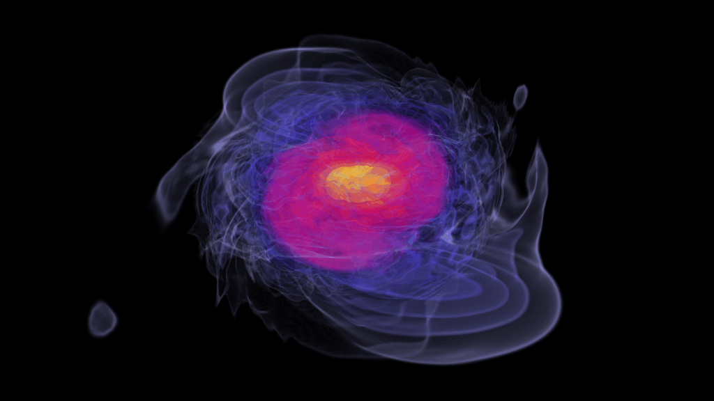 Szene im Weltall, Verschmelzung als leuchtendes Farbgebilde