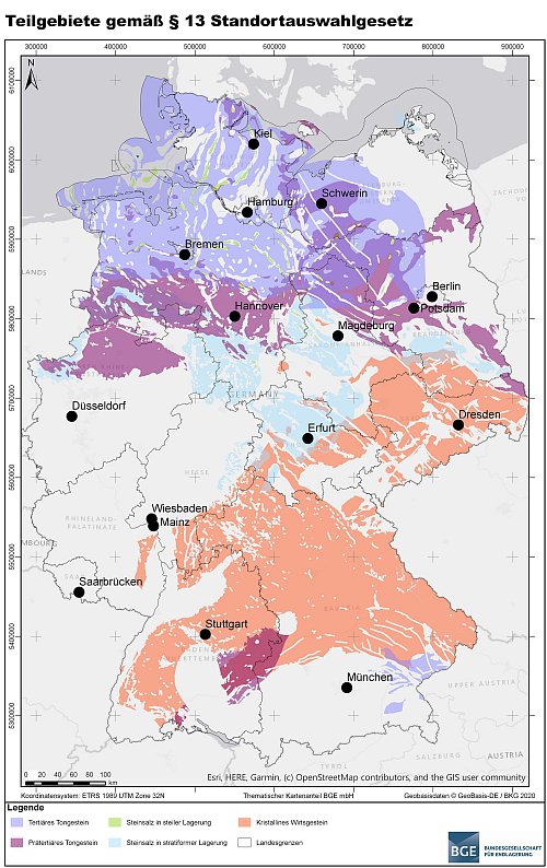 Die Deutschlandkarte mit Teilgebieten in denen nach einem Endlager-Standort gesucht wird. Die interaktive Karte ist detailreicher und verwendet andere Farben. - © BGE