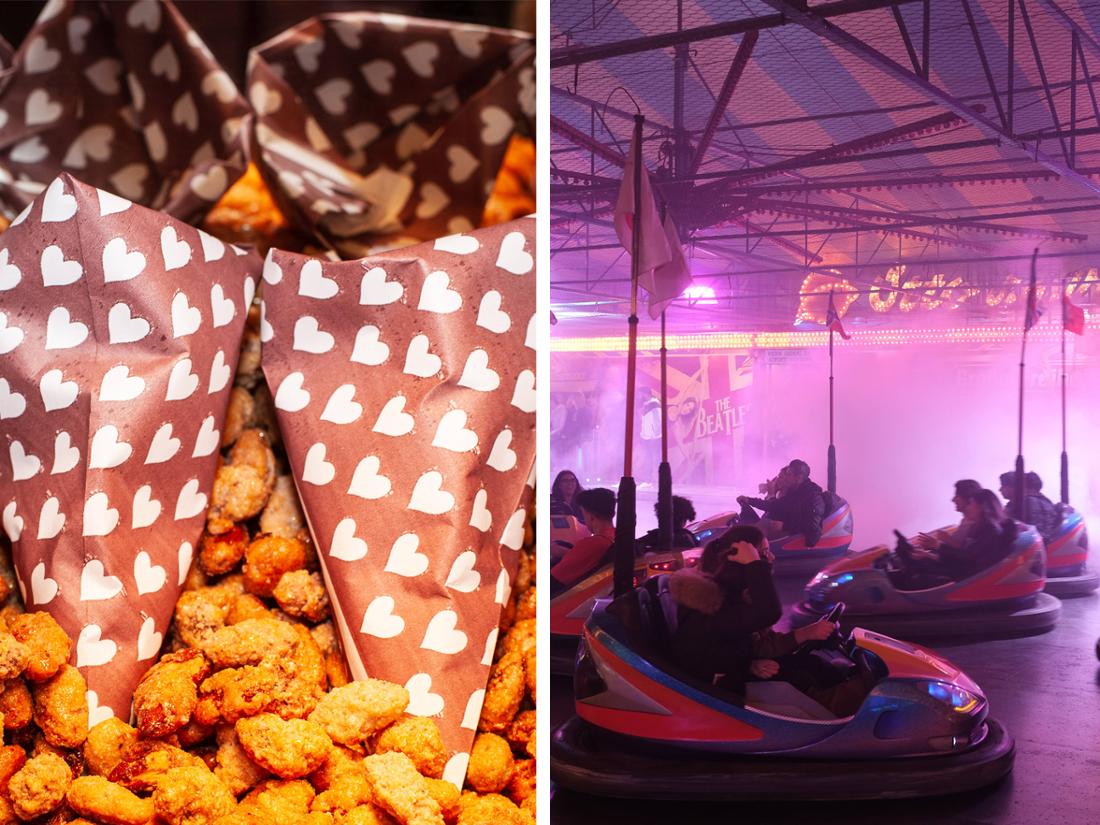 Das linke Foto zeigt eine Tüte gebrannter Mandeln, das rechte Foto Kirmes-Besucher in Hamburg beim Autoscooter.