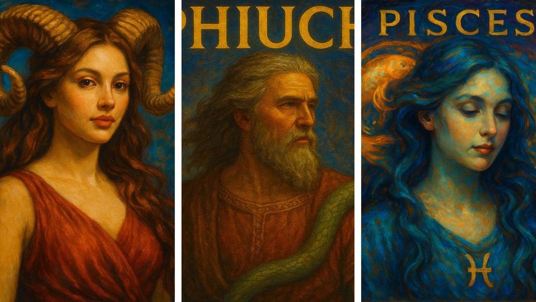 KI-generierte Bilder, 3-Teilung: Widder-Frau, Schlangenträger-Mann, Fische-Frau.