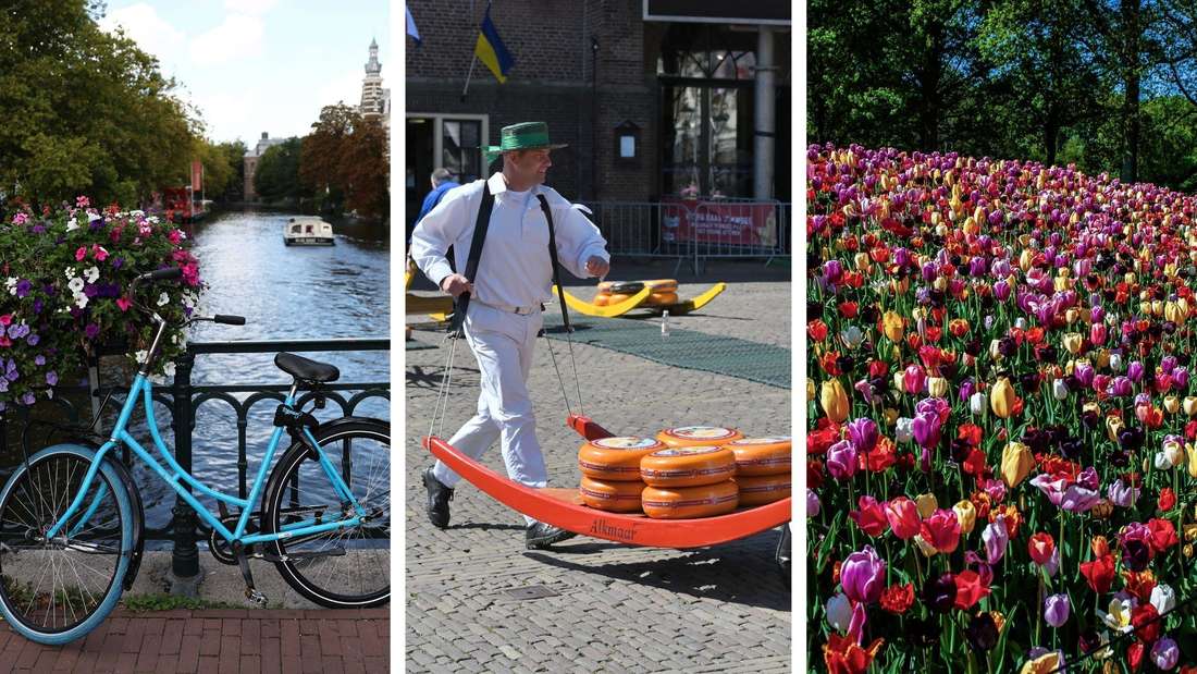 Dreier-Montage: Gracht in Amsterdam mit Fahrrad, Mann transportiert Käse, Tulpen.