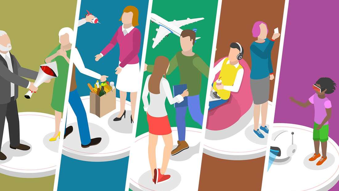 Collage aus Grafiken der fünf Generationen