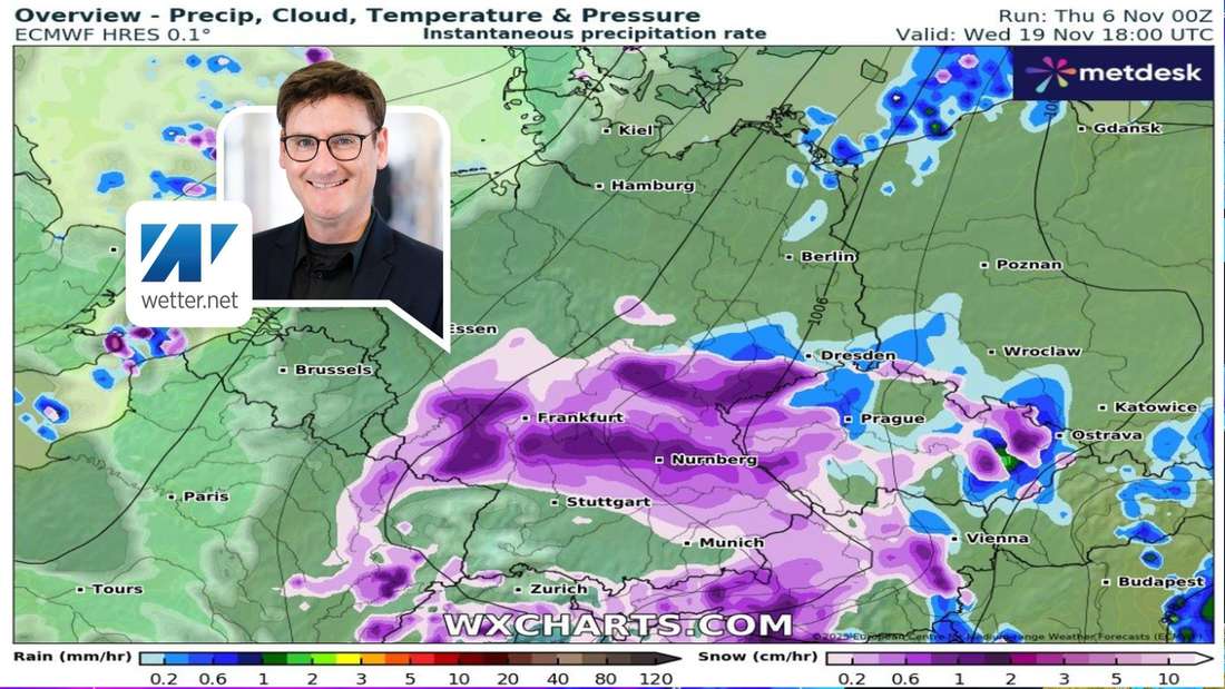 Die Wetterkarte für den 19. November zeigt in lila Schneefall über Deutschland und das bis in tiefe Lagen. 