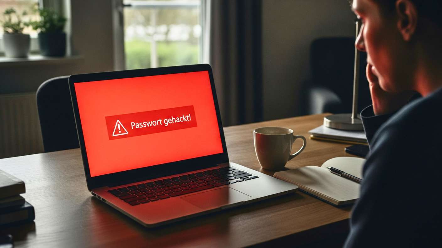 Eine Person sitzt am Schreibtisch. Der Laptop-Bildschirm leuchtet rot und informiert über ein gehacktes Passwort.
