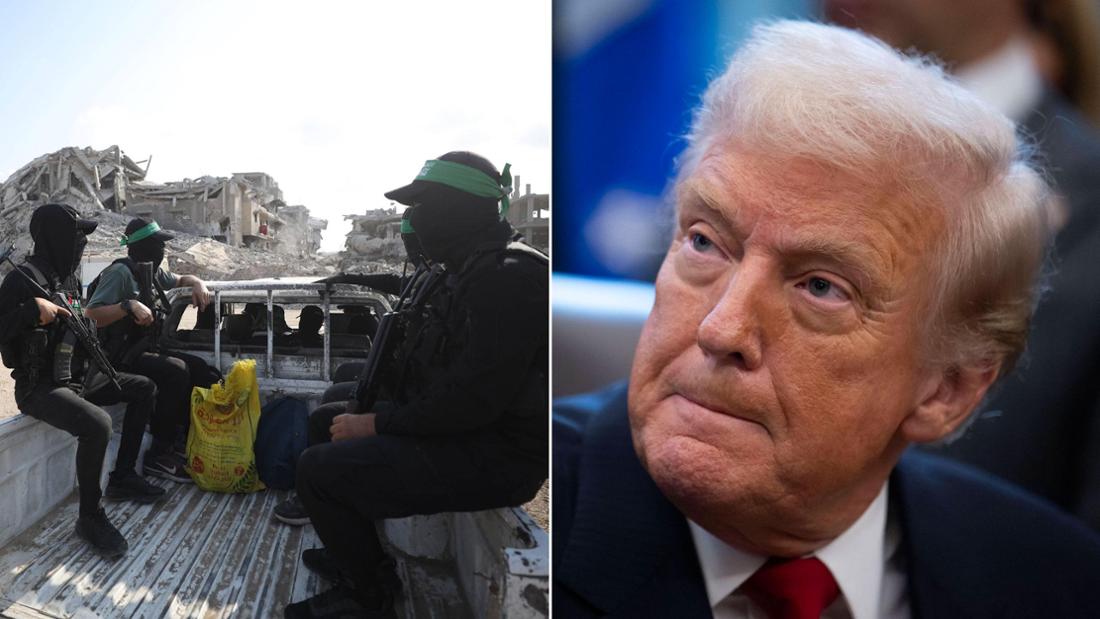 Hamas-Kämpfer sitzen auf Ladefläche eines Pickup, Donald Trump presst die Lippen aufeinander