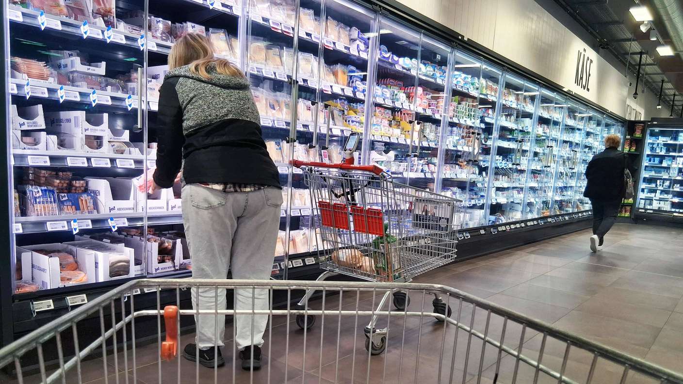 REWE-Einkauf in einem Supermarkt oder Discounter Käse Regal Kühlregal