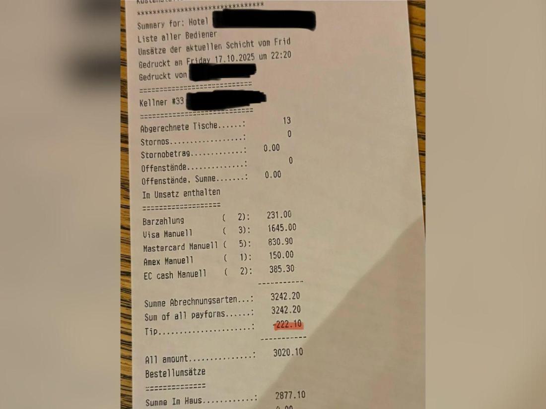 Abrechnung einer Kellnerin und Summe des Trinkgeldes.
