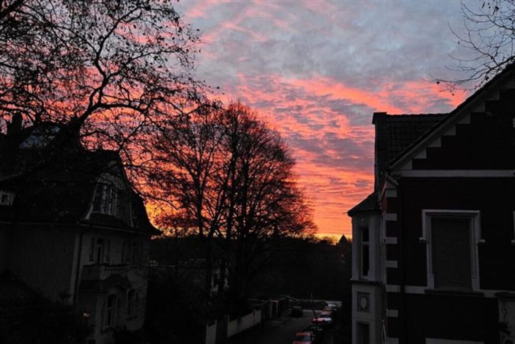 Fotos von Leserinnen und Lesern, die den bunten Sonnenaufgang über Dortmund zeigen.