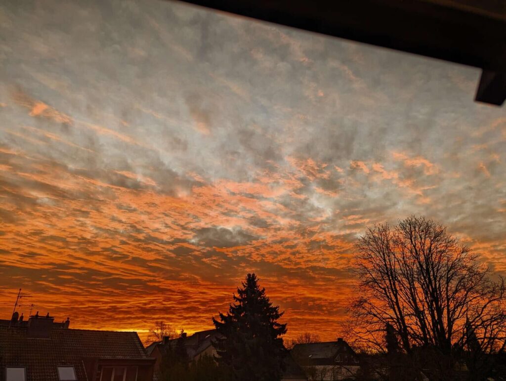 Fotos von Leserinnen und Lesern, die den bunten Sonnenaufgang über Dortmund zeigen.