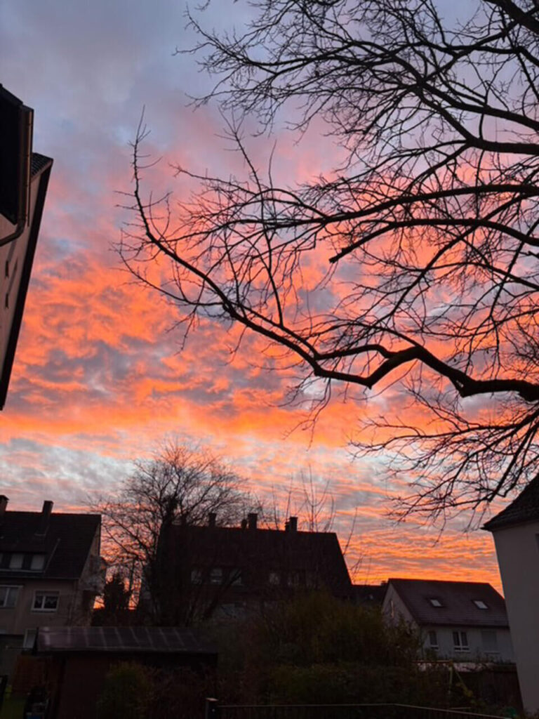Fotos von Leserinnen und Lesern, die den bunten Sonnenaufgang über Dortmund zeigen.