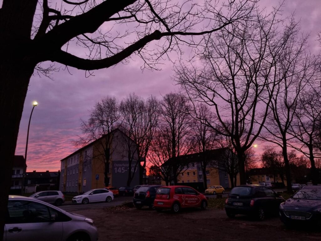 Fotos von Leserinnen und Lesern, die den bunten Sonnenaufgang über Dortmund zeigen.