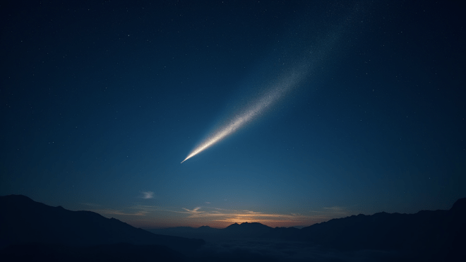Weltraum, Astronomie, Sternenhimmel, Nachthimmel, Atmosphäre, Himmelskörper, Komet, Meteorit, Astrofotografie, Naturphänomen, Berglandschaft, Dämmerung, Sternschnuppe, Lichtspur