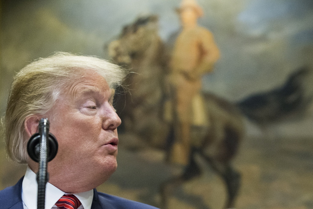 US-Präsident Donald Trump hält eine Rede vor einem Porträt von Theodore Roosevelt bei der Unterzeichnung einer Verordnung zur Suizidprävention von Veteranen im Weissen Haus, 5. März 2019.